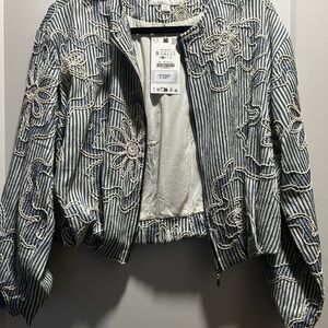 Zara Blue and White Striped Floral Bomber Jacket
